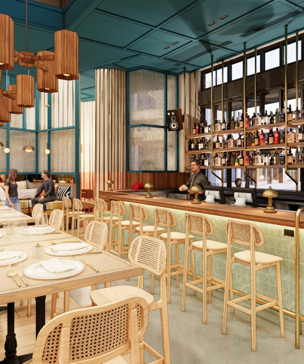 The Hundredfold restaurant bar and lounge with a bartender behind a well-stocked bar.