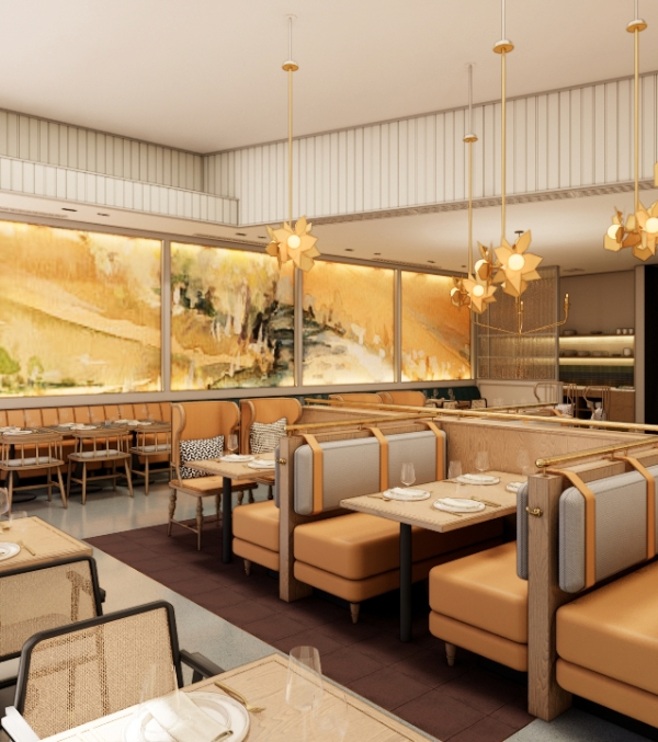 The Hundredfold restaurant semi-private dining room with gold light fixtures and abstract art on the wall.